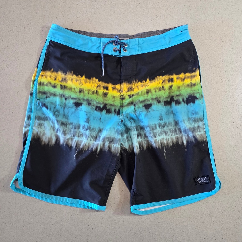 ONeill Cruzers Tie Dye Board Shorts Mens 30 Black Blue Yellow Swim Trunks